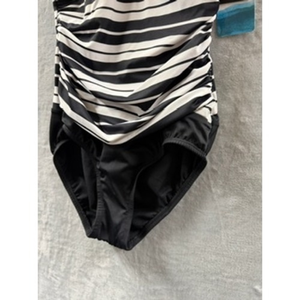 Swim Solutions Women Black White Striped Ruched V-Neck One-Piece Swimsuit NWT 8 - Picture 5 of 14